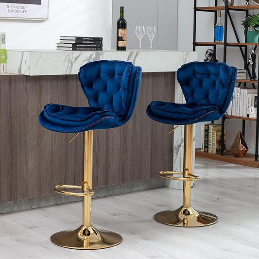 Rhomtree 24-33 Inch Swivel Bar Stools, Adjustable Counter Height Barstools, Velvet Tufted Back and Golden Footrest, Bar Chairs for Kitchen Island, Cafe, Bar, Bar Counter, Coffee(Navy Blue Set of 2)