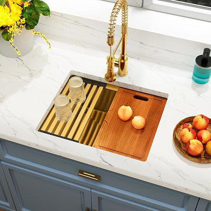 Gold Undermount Kitchen Sink 23 inch,Single Bowl Undermount Sink 16 gauge Stainless Steel,Workstation Kitchen Sinks with Gold Accessories (23" X 18")