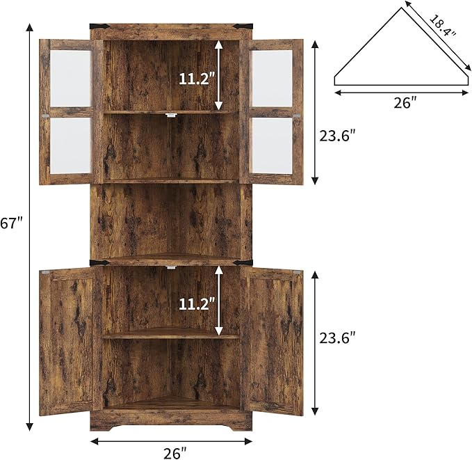 GarveeHome 67" Tall Corner Storage Cabinet, Farmhouse Corner Hutch Display Cabinet with Glass Doors, Wooden Storage Organizer for Kitchen, Living Room, Bathroom, Brown