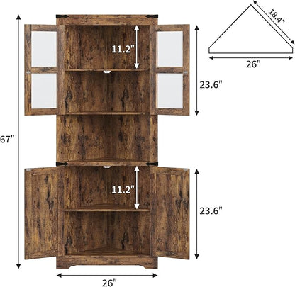 GarveeHome 67" Tall Corner Storage Cabinet, Farmhouse Corner Hutch Display Cabinet with Glass Doors, Wooden Storage Organizer for Kitchen, Living Room, Bathroom, Brown