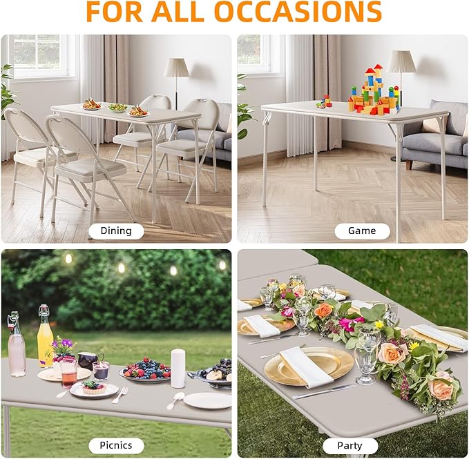 IDEALHOUSE Folding Table, Portable Folding Card Rectangle Table with Sturdy Metal Frame, PU Leather Upholstered Foldable Table, for Dining Room, Living Room, Office, Camping, Brige