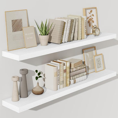 Fun Memories 55 Inch Floating Shelves for Wall, Fireplace Mantel Shelf with Invisible Heavy Duty Bracket, 8 Inch Deep Storage Shelf for Living Room, Kitchen, Farmhouse, White (2-Pack)