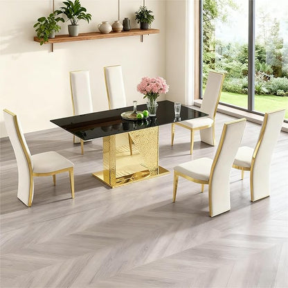Modern Rectangular Glass Dining Table for 6-8,Elegant Dining Room Tables with Gold Mirrored Stainless Steel Base,70'' Kitchen Table with Black Glass top,for Kitchen Room/Office(Only Table)