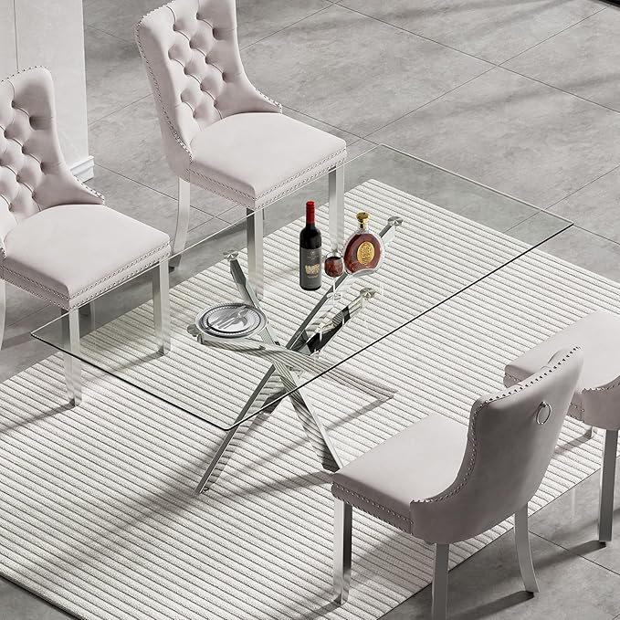 51" Glass Dining Table for 4-6, Modern Dining Room Table with 0.39" Tempered Glass Top and Cross X-Shaped Silver Stainless Steel Base, Rectangle Kitchen Dinner Table for Dining Room