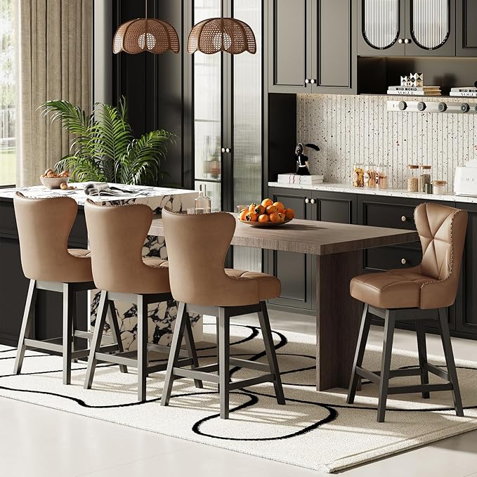 MALOL Swivel Bar Stools Set of 4, PU Leather Mid Century Mondern Barstools, 26 inch Counter Height Bar Chairs with Solid Back and Wood Legs, for Kitchen Island，Brown