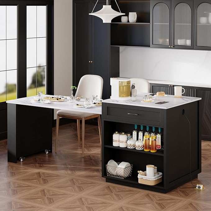 82.7 inch Kitchen Island with Extendable Dining Table for 4-6 Person, Faux Marble & Black Wood Grain Kitchen Table