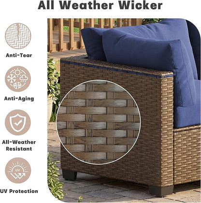 Patio Furniture Set 7 Pieces Conversation Set Wicker Outdoor Sectional Sofa,Ergonomic Armrests Couch with Cushion and Glass Table (Brown-Navy, 7 Piece-Double)