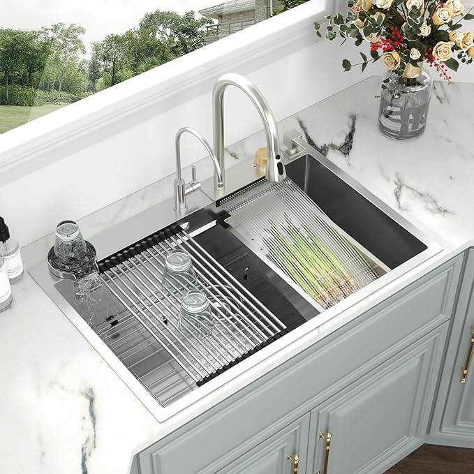 Kichae Waterfall Kitchen Sink Drop In - Kitchen Sink 33x22 Drop In Waterfall with Hot & Cold Water Stainless Steel 16 Gauge Workstation Sinks Handmade Single Bowl with Faucet Combo & Glass Rinser