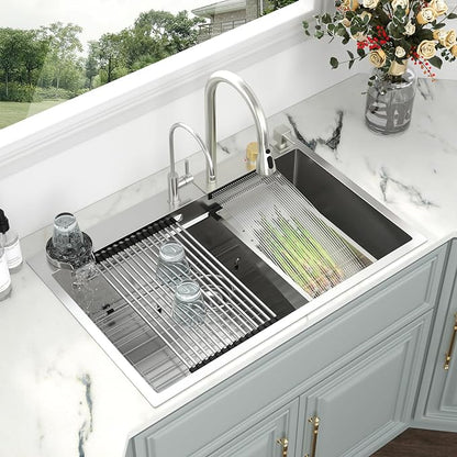 Kichae Waterfall Kitchen Sink Drop In - Kitchen Sink 33x22 Drop In Waterfall with Hot & Cold Water Stainless Steel 16 Gauge Workstation Sinks Handmade Single Bowl with Faucet Combo & Glass Rinser