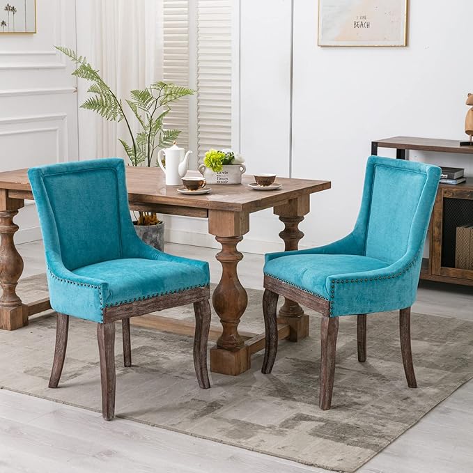 2 Pieces Dining Chair, Ergonomic Bar Chairs, Thickened Fabric Chairs with Neutral Toned Solid Wood Legs, Bronze Nail Head Accent, Sturdy Structure, Soft Comfort, for Living Room Dining Room, Blue
