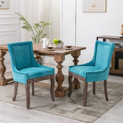 2 Pieces Dining Chair, Ergonomic Bar Chairs, Thickened Fabric Chairs with Neutral Toned Solid Wood Legs, Bronze Nail Head Accent, Sturdy Structure, Soft Comfort, for Living Room Dining Room, Blue
