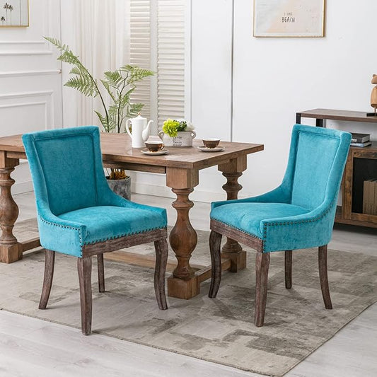2 Pieces Dining Chair, Ergonomic Bar Chairs, Thickened Fabric Chairs with Neutral Toned Solid Wood Legs, Bronze Nail Head Accent, Sturdy Structure, Soft Comfort, for Living Room Dining Room, Blue