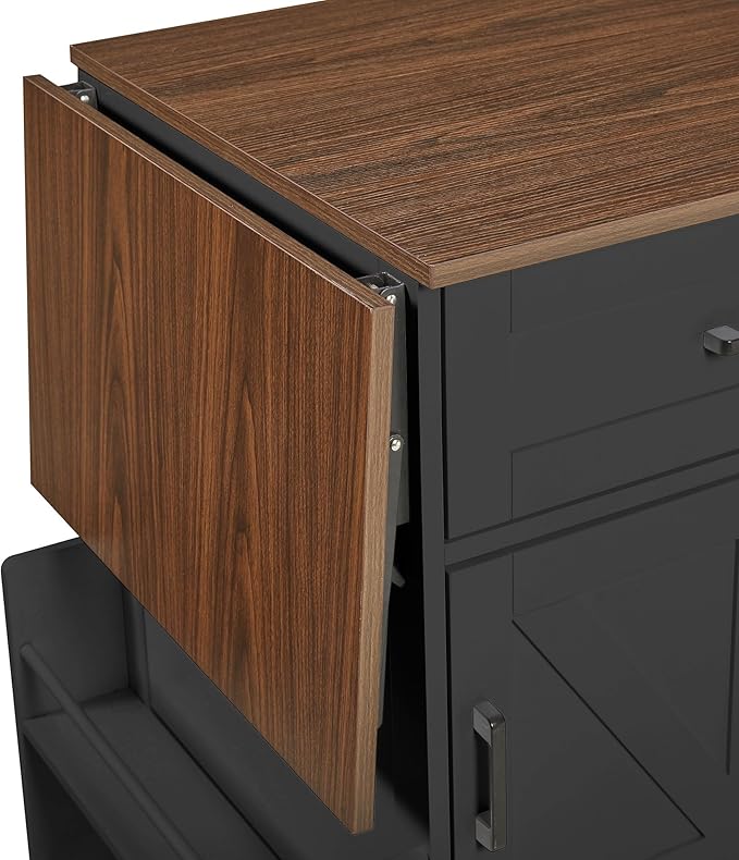 Farmhouse Kitchen Island with Drop Leaf Rolling Cart with Lockable Wheels Storage Island with Open Side Rack Storage Cart Practical(Black)