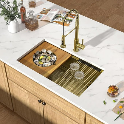 32 Gold Undermount Kitchen Sink - Workstation All-In One 32x19 Gold 16 Gauge Stainless Steel Under Counter Single Bowl Sink for Kitchen with Mixing Board and Pasta Strainer #TLU-0049
