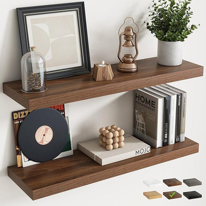 32 Inch Floating Shelves for Wall Set of 2, 8"D Wood Grain Bathroom Shelves with Invisible Brackets, Easy Install Engineered Wood Storage Shelves for Kitchen, Living Room, Bedroom, Walnut Finish