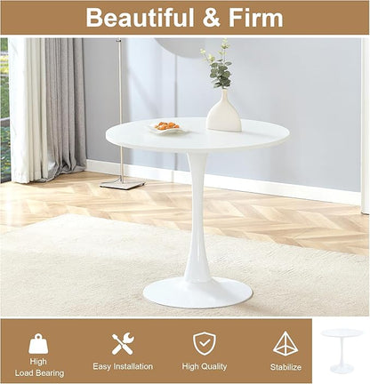 Small Round Dining Table Set with 4 Chairs, 31.9x31.9 Inch White MDF Top and Hourglass-Shaped Legs, Dark Gray PU Seats with Arched Metal Silver Legs for Kitchen and Dining Room