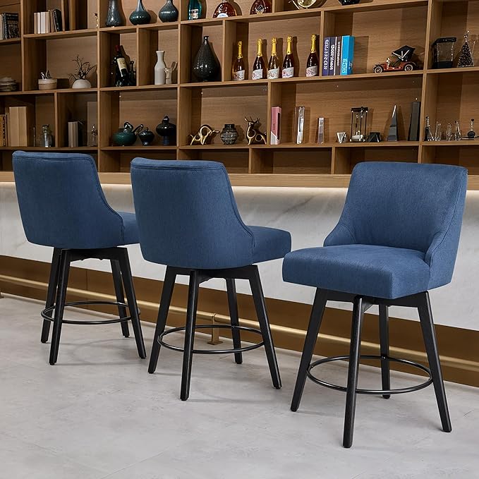 Counter Height Bar Stools Set of 3, Swivel Barstools with Backs and Wood Legs, Linen Fabric Upholstered Counter Stools for Kitchend Island, Mid-Century Modern 26" Seat Height Bar Chairs, Blue