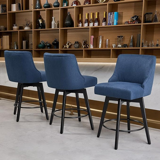 Counter Height Bar Stools Set of 3, Swivel Barstools with Backs and Wood Legs, Linen Fabric Upholstered Counter Stools for Kitchend Island, Mid-Century Modern 26" Seat Height Bar Chairs, Blue