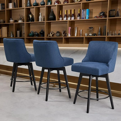 Counter Height Bar Stools Set of 6, Swivel Barstools with Backs and Wood Legs, Linen Fabric Upholstered Counter Stools for Kitchend Island, Mid-Century Modern 26" Seat Height Bar Chairs, Blue