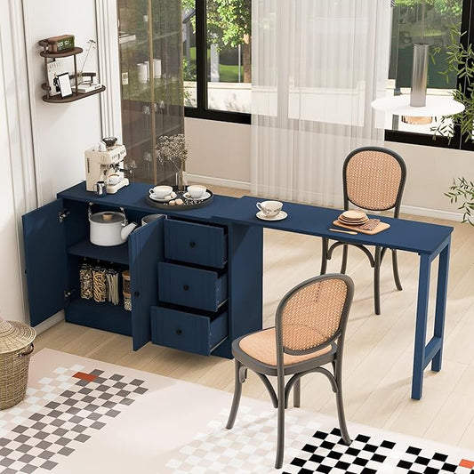 Merax Modern Wood Buffet Storgae Cabinet with Extendable Table, Buffet Coffee Bar Sideboard w/ 2 Doors and 3 Drawers for Living Room Dinning Room Kitchen Navy Blue