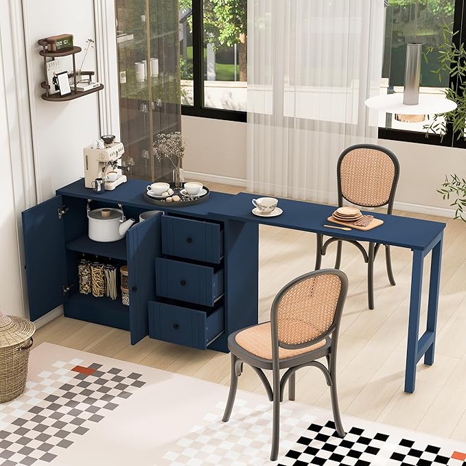 JIJIWANG 89.7'' Wooden Sideboard with Extendable Table,Multifunctional Storage Kitchen Island with 2 Doors and 3 Drawers,for Living Room,Study,Foyer and Kitchen, Navy Blue