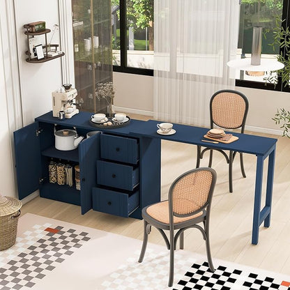 JIJIWANG 89.7'' Wooden Sideboard with Extendable Table,Multifunctional Storage Kitchen Island with 2 Doors and 3 Drawers,for Living Room,Study,Foyer and Kitchen, Navy Blue