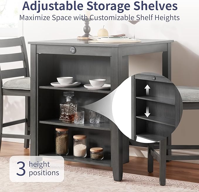 Bar Table Set with Charging Station & 3-Tier Storage, Space-Saving Dining Table Set for 2 with Upholstered Chairs, Small Kitchen Island for Apartment (30 inch+Gray)