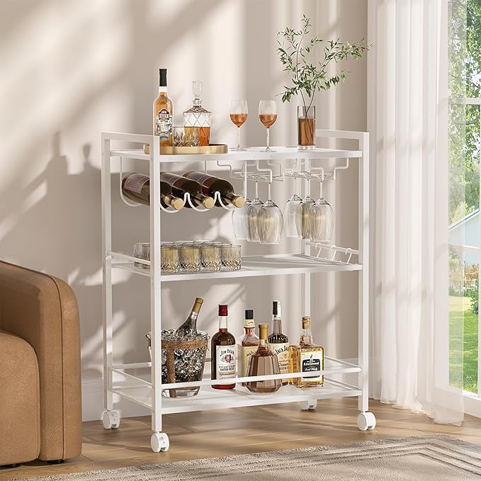 Joaxswe Bar Cart, Home Bar Serving Cart with 3-Tier Shelf,Microwave Cart with Lockable Wheels,Mobile Kitchen Shelf,Rolling Beverage Cart with Wine Rack and Glass Holder for Kitchen,Dinning Room,White