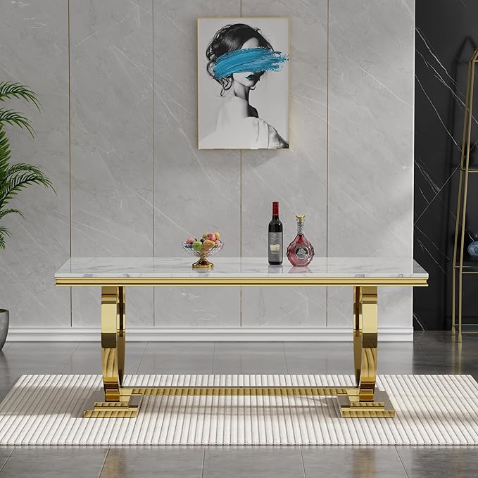 68" White Gold Marble Dining Table, Modern Kitchen Table with 0.79" Faux Marble Tabletop and Mirrored Stainless Steel Frame, Luxurious Rectangular Dining Room Table for Kitchen(No Chairs)