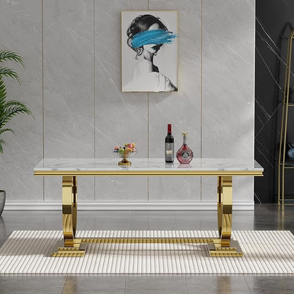 68" White Gold Marble Dining Table, Modern Kitchen Table with 0.79" Faux Marble Tabletop and Mirrored Stainless Steel Frame, Luxurious Rectangular Dining Room Table for Kitchen(No Chairs)