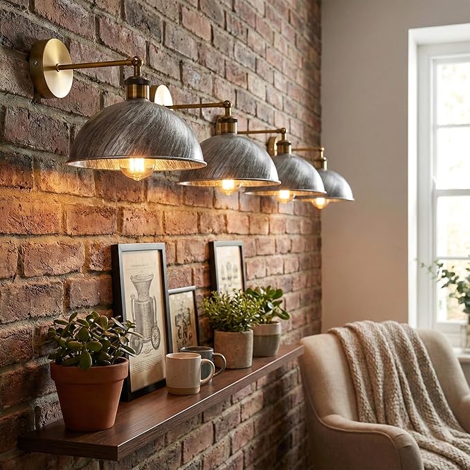 Dome Metal Wall Sconce, 180° Adjustable Industrial Wall Lamp for Bedside, Study, Kitchen, and Living Room Décor. (Brushed Silver.)