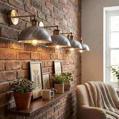 Dome Metal Wall Sconce, 180° Adjustable Industrial Wall Lamp for Bedside, Study, Kitchen, and Living Room Décor. (Brushed Silver.)