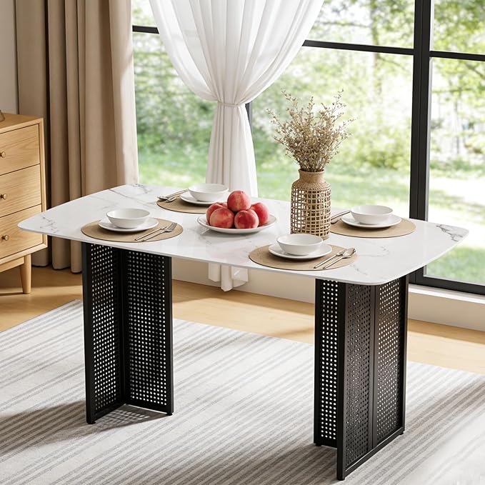 51" White Marble Dining Table, 4-6 Person Modern Kitchen Dining Room Tables with Marble Pattern Tempered Glass Top and Black Hollow-Out Metal Base, Space Saving Rectangle Dinner Table for Home