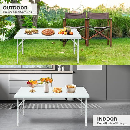 Portable 4Ft Adjustable Height Plastic Folding Table, Heavy Duty Fold-in-Half Table with Carrying Handle, Small Utility Foldable Table for Picnic Party Camping BBQ, Indoor/Outdoor(White)