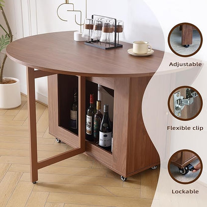 COMUHOME 47.3" Round Folding Dining Table for 4-8, Wood Kitchen Foldable Table Large Drop Leaf Dinner Table with Storage Shelf Metal Legs for Home Dining Room Living Room in Walnut