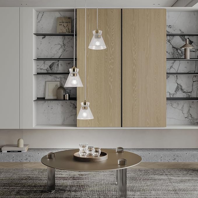 Gold Kitchen Island Pendant Light, 3-Light Farmhouse Chandelier with Seeded Glass Shades, Adjustable Hanging Light for Dining Room,Bedroom