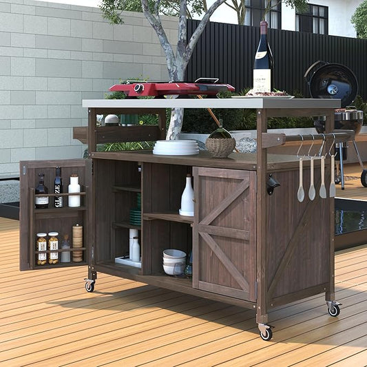 Modern Dining Table Outdoor Kitchen Island with Cabinet, Rolling Bar Cart, Farmhouse Solid Wood Grill Table with Stainless Steel Top, Spice Rack, Towel Rack for Kitchen Dining Room Tables,Brow