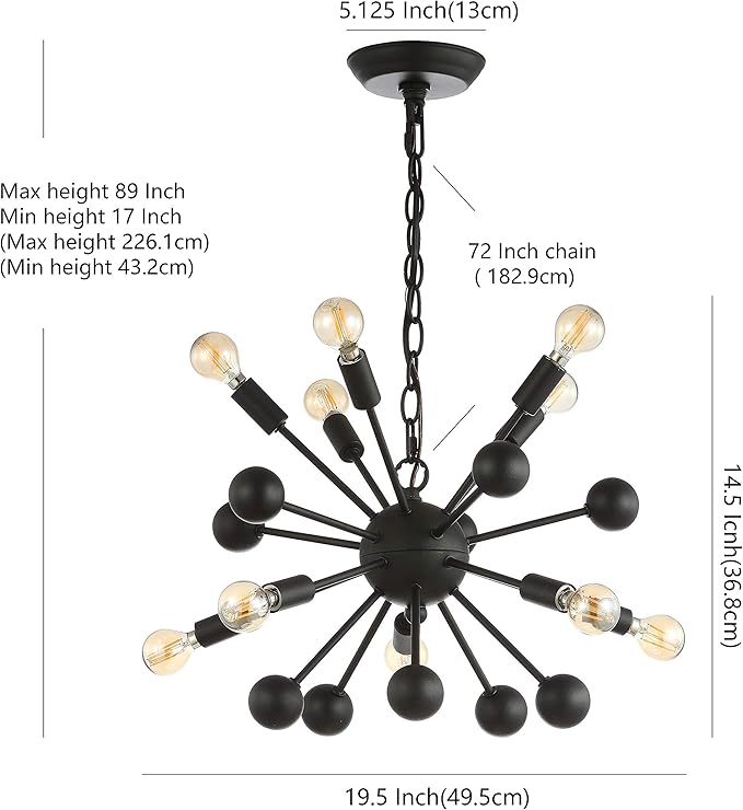 JONATHAN Y 19.5" Black 10-Light Iron Sputnik Chandelier, Mid-Century Modern Industrial Adjustable Height Ceiling Fixture for Dining Room Living Room, LED Bulbs Included JYL9061A