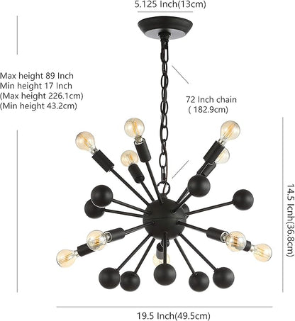 JONATHAN Y 19.5" Black 10-Light Iron Sputnik Chandelier, Mid-Century Modern Industrial Adjustable Height Ceiling Fixture for Dining Room Living Room, LED Bulbs Included JYL9061A