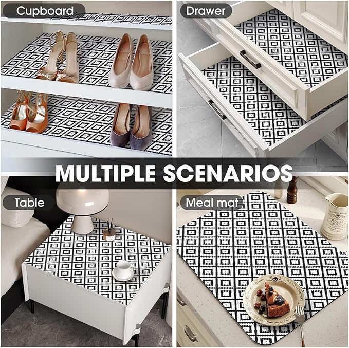Drawer and Shelf Liner, Non-Slip Kitchen Cabinet Liners Non-Adhesive Thick Strong Grip Waterproof Washable Mats Protect Dresser Shelves Cupboard Bathroom Cabinets, Black & White, 24 in X 10 FT