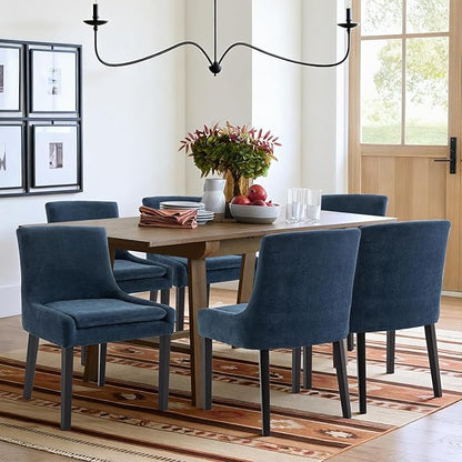 COLAMY Modern Dining Chairs Set of 6, Upholstered Corduroy Accent Side Leisure Chairs with Mid Back and Wood Legs for Living Room/Dining Room-Blue