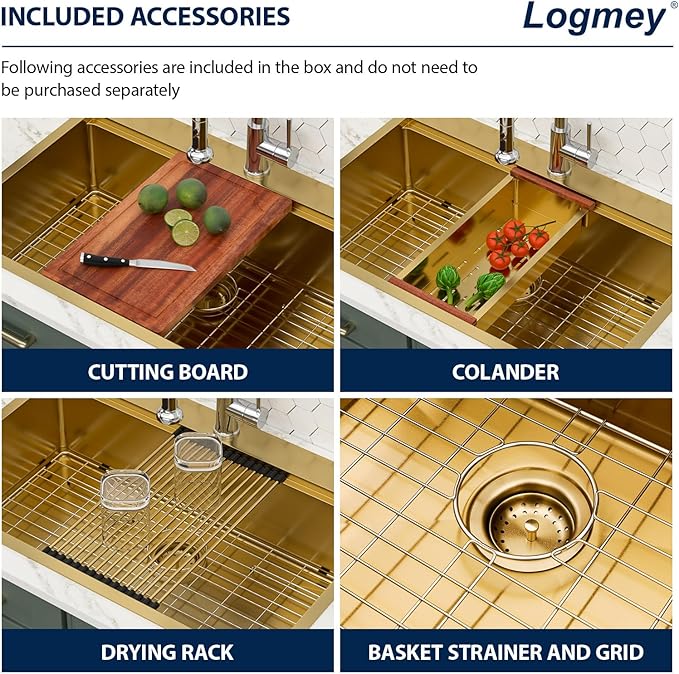 Logmey 33 Inch Gold Kitchen Sink 33x22 Drop in Sink 16 Gauge Stainless Steel Single Bowl Sinks,33x22x9
