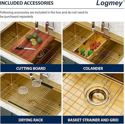Logmey 33 Inch Gold Kitchen Sink 33x22 Drop in Sink 16 Gauge Stainless Steel Single Bowl Sinks,33x22x9