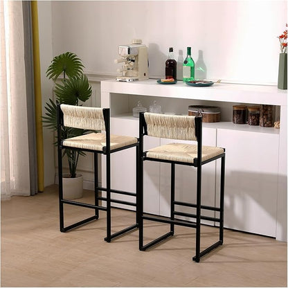 Creamy White，Honey，Gray Paper Rope Woven Stools Set of 2 Hand Weave Counter Chairs with Footrest for Kitchen Island, Dining Room,for Living Room