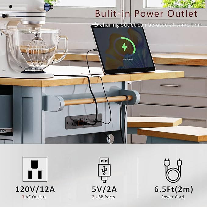 Large Kitchen Island with 2 Bar Stools, Power Outlet,Door Internal Storage Rack, Kitchen Storage Cart on 5 Wheels with Drop Leaf, 5 Open Side Racks,3 Drawers, for Kitchen,Dining Room (Grey-Blue@07)