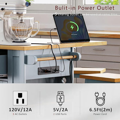 Large Kitchen Island with 2 Bar Stools, Power Outlet,Door Internal Storage Rack, Kitchen Storage Cart on 5 Wheels with Drop Leaf, 5 Open Side Racks,3 Drawers, for Kitchen,Dining Room (Grey-Blue@07)