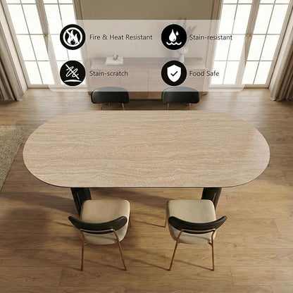 79'' Modern Dining Table for 8, Luxury Oval Sintered Stone Kitchen Table with Solid Wood Legs, Mid-Century Farmhouse Dining Room Table for Living Room