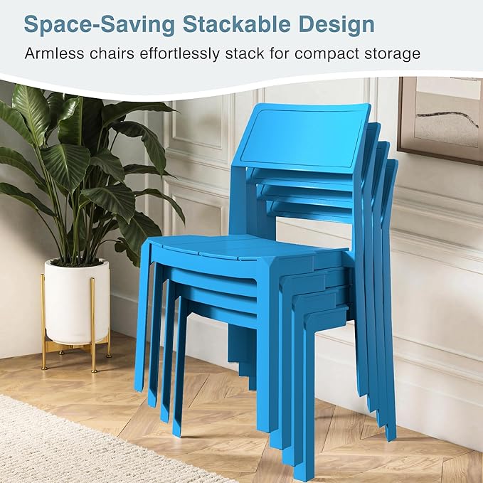 VECELO 4 Pack Plastic Dining Chairs, Stackable Patio Chairs for Indoor Outdoor Use in Kitchen, Poolside, No Assembly Required, Blue