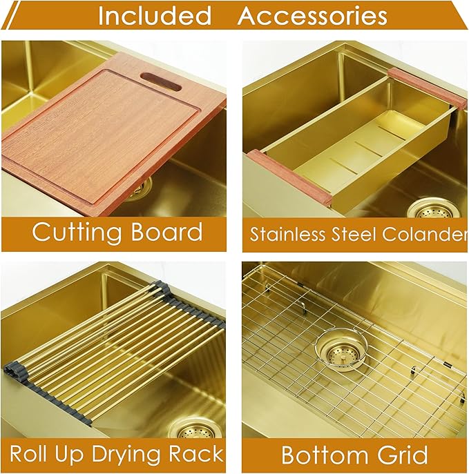 HEARCATE 30 Inch Luxury Gold Farmhouse Sink 16 Gauge Stainless Steel Workstation Undermount Apron Front Gold Kitchen Sink 10 Inch Deep Single Bowl Farm Sink