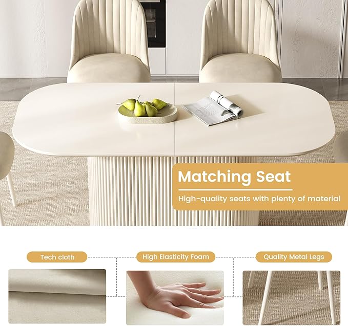 Miuuod 70" White Dining & Kitchen Table Set, Solid Kitchen Table with 6 Chairs,Large Rectangular Dinner Table with Rounded Corners for Dining Room,Home Office,Living Room Furniture,Cream White